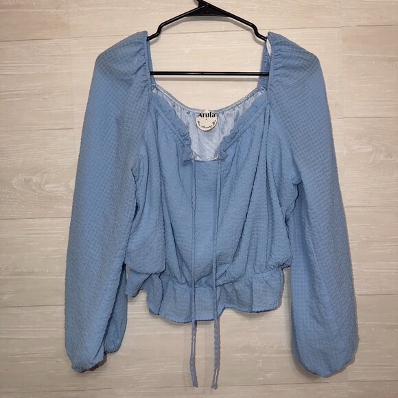 Arula Blue Textured Peasant Blouse Size 1X 14/16 Long Sleeve Boho Top Women’s - Picture 2 of 7